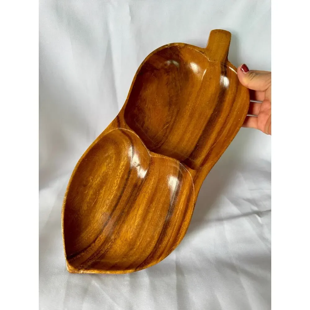 Vintage Acacia Wood Leaf Divided Serving Tray 2 Section Snack Bowl Boho Decor
